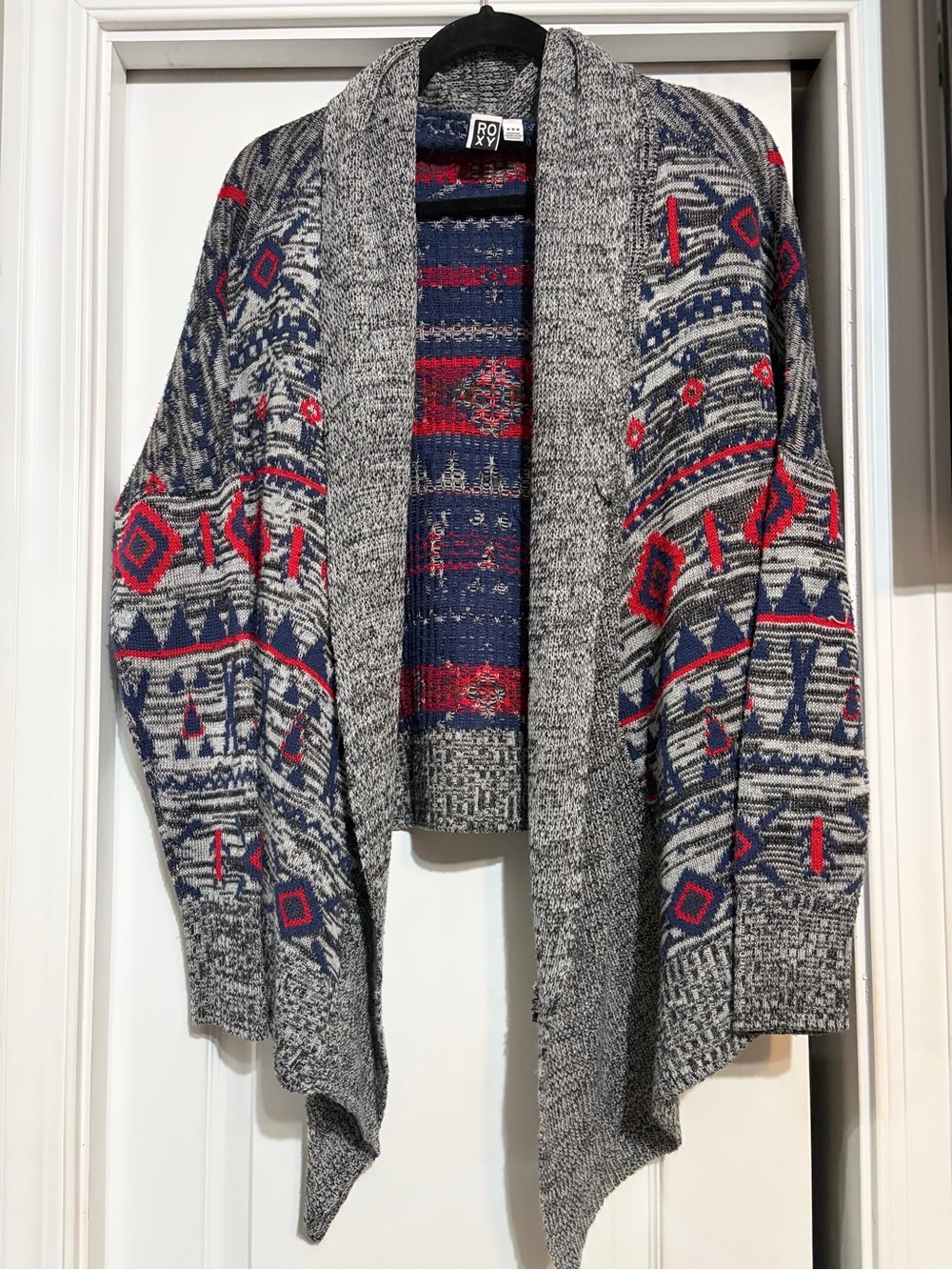 Roxy Gray Navy Red Aztec-Pattern Open Cardigan